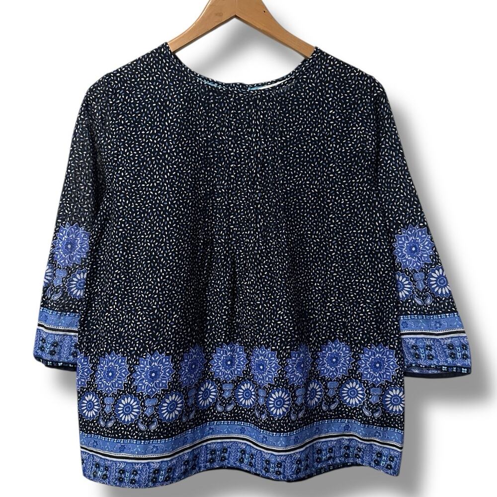 Boden Pintuck Blouse Top Navy‎ Blue Floral Cotton Women's 4 Boho Coastal Chic